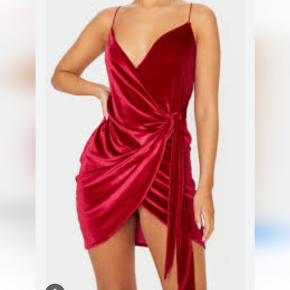 PrettyLittleThing Red Velvet Wrap Tie Front Mini Dress Size 4 - Picture 1 of 10